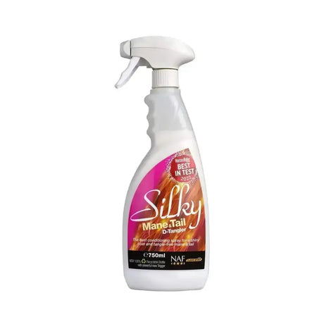 White plastic spray bottle of naf silky mane & tail deluxe conditioning spray for a shiny tangle free finish