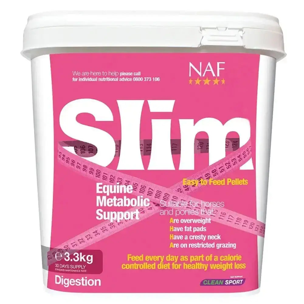 Pink and white container of naf slim pellets horse supplements for equine metabolic support and horse vitamins