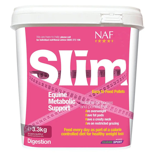 Pink and white container of naf slim pellets equine metabolic support feed pellets for horse supplements and vitamins