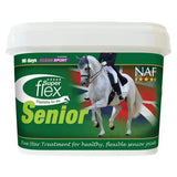 Green and white plastic tub of naf superflex senior joint supplement with key joint support nutrients for horses