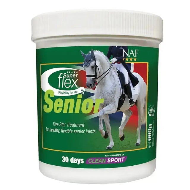 Green and white labeled container of naf superflex senior joint supplement providing key joint support nutrients for horses