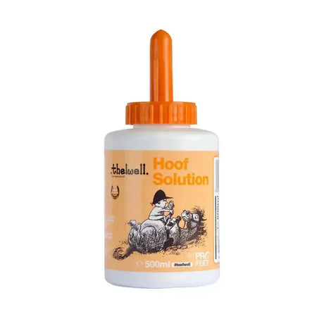 White plastic bottle with orange cap and cartoon horse label branded naf thelwell hoof solution for 500ml