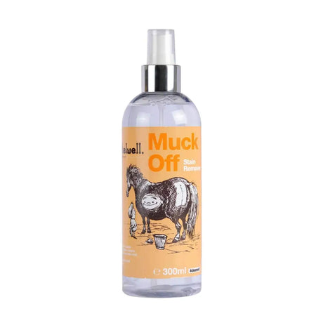 Clear plastic spray bottle with orange label and black and white horse illustration for naf thelwell muck stain remover