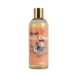 A clear bottle with gold cap of naf thelwell tack clean containing amber liquid and orange cartoon label