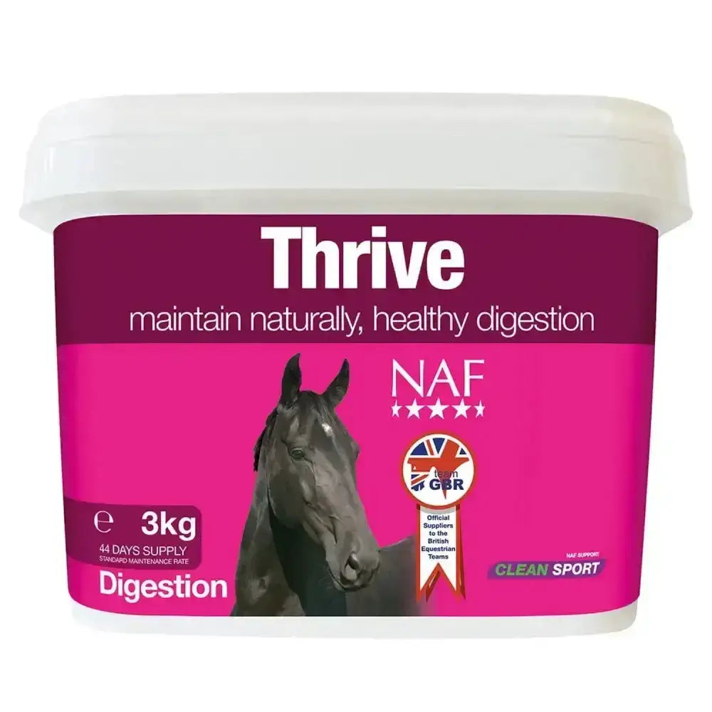 Pink and purple labeled 3kg NAF Thrive horse feed container with natural digestive clay for optimum absorption and gut health