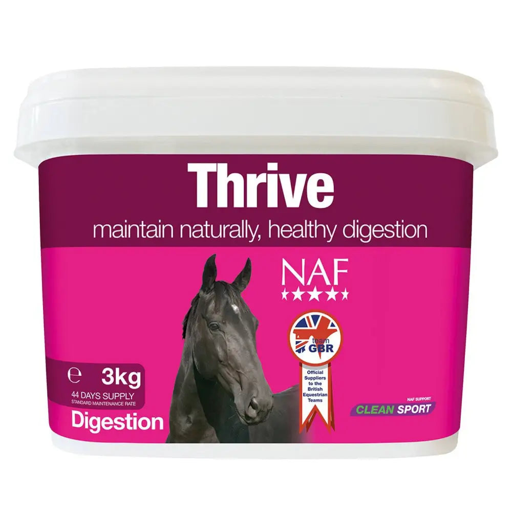 Pink and purple labeled naf thrive horse feed tub with natural digestive clay for optimum absorption in gastro-intestinal tract