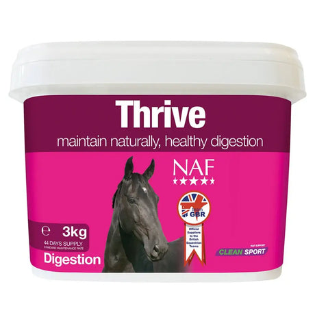 Pink and purple labeled naf thrive horse feed tub with natural digestive clay for optimum absorption in gastro-intestinal tract