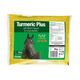 A 2kg bag of naf turmeric plus with black pepper featuring vibrant yellow powder and green label with horse image for equine joint supplements using high quality turmeric blend