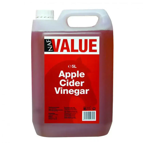 A 5-liter jug of naf value apple cider vinegar with a red label and white cap, a popular equestrian supplement