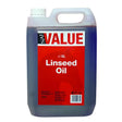 A 5-liter jug of naf value linseed oil with white plastic handle and cap featuring a red label for equestrian use
