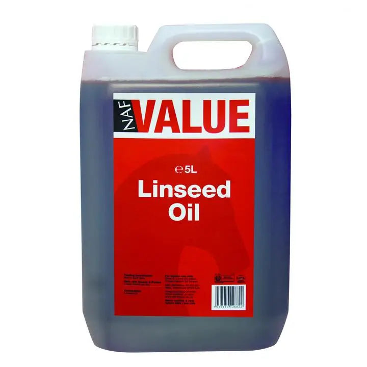 A 5-liter jug of naf value linseed oil with white plastic handle and cap featuring a red label for equestrian use