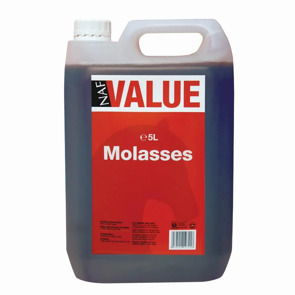 A 5 liter plastic jug of naf molasses dark brown low sugar equestrian feed supplement with a red and white label