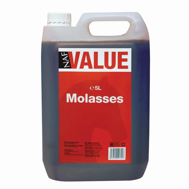 A 5 liter plastic jug of naf molasses dark brown low sugar equestrian feed supplement with a red and white label