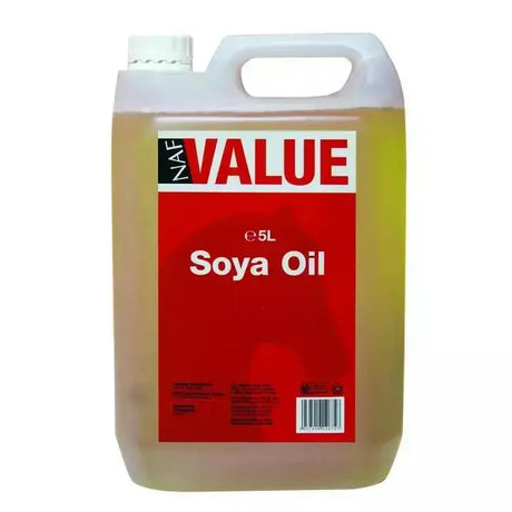 A 5-liter white plastic jug of naf value soya oil with a red label showing clear liquid rich in fatty acids for equestrian use