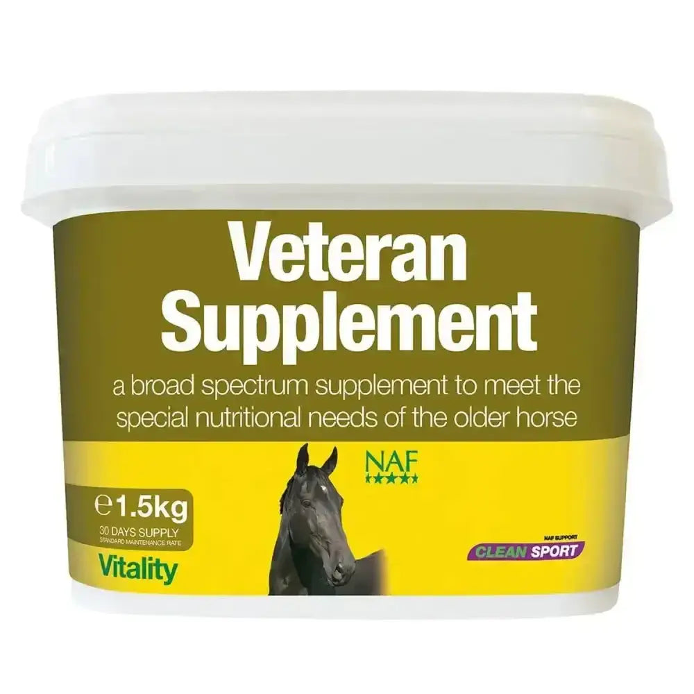 Olive and yellow labeled naf veteran supplement powder container specifically formulated for older horses vitality
