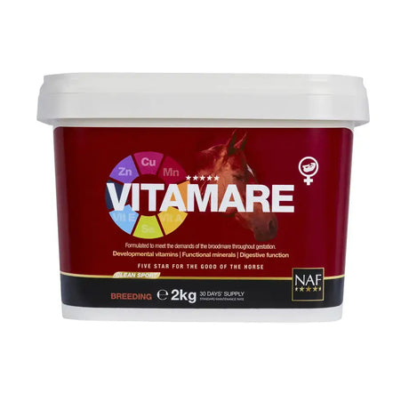 Red and white plastic tub of naf vitamare powder 2kg breeding formula horse feed supplement for broodmares