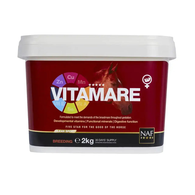 Red and white plastic tub of naf vitamare powder 2kg breeding formula horse feed supplement for broodmares