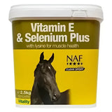 Yellow and green container of naf vitamin e and selenium plus supplement with black horse image supports performance horse muscle function