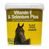 Yellow and green container of naf vitamin e and selenium plus horse supplement supports muscle function for performance horse