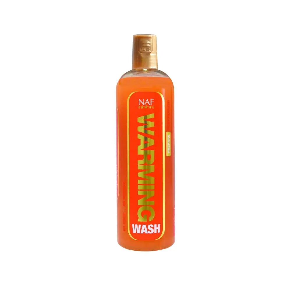 Orange naf warming wash bottle with gold spray nozzle and label for no rinse body wash to remove winter grime