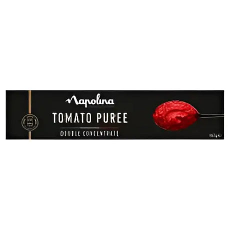 Napolina tomato puree tube 142g in a sleek black package with gold accents and red tomato puree on a spoon