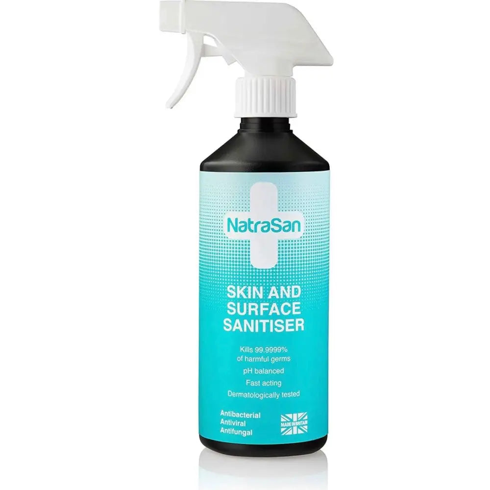 A sleek black natrasan antiseptic spray bottle with a white trigger and turquoise label featuring active ingredient hypochlorous acid