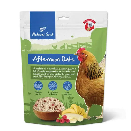 Green and white pouch of natures grub afternoon oats with banana raspberry featuring cartoon chicken and banana powder