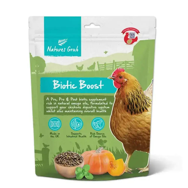Natures grub biotic boost pre pro post biotic supplement pouch with green teal design and brown chicken illustration