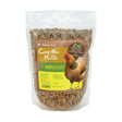 A clear plastic bag of fine scatter mix seeds labeled coop mix plus from natures grub chicken grub chicken coop feed