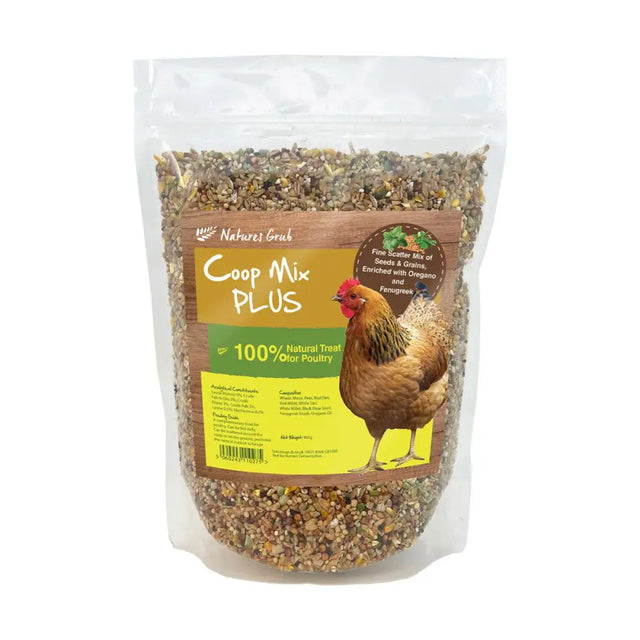 A clear plastic bag of fine scatter mix seeds labeled coop mix plus from natures grub chicken grub chicken coop feed