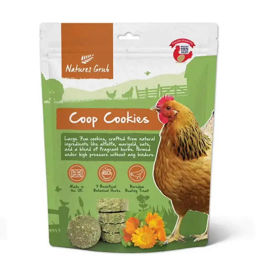Green and white nature’s grub coop cookies package with brown chicken illustration and marigold flowers design
