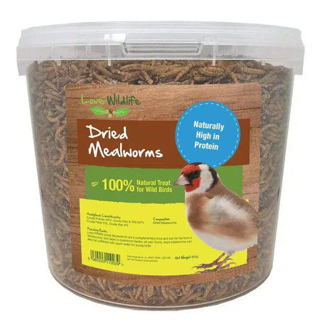 A clear plastic container of nature’s grub dried mealworms brown and natural wild bird food treat labeled love wildlife