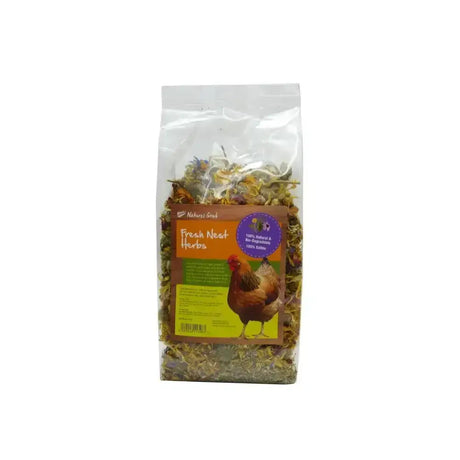 A clear plastic bag of dried green and brown fresh nest herbs by nature’s best perfect for natures grub fresh smelling nest area
