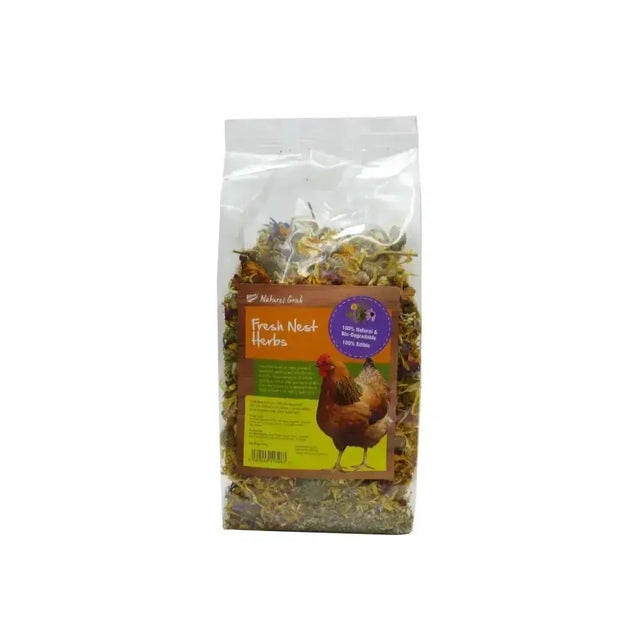 A clear plastic bag of dried green and brown fresh nest herbs by nature’s best perfect for natures grub fresh smelling nest area