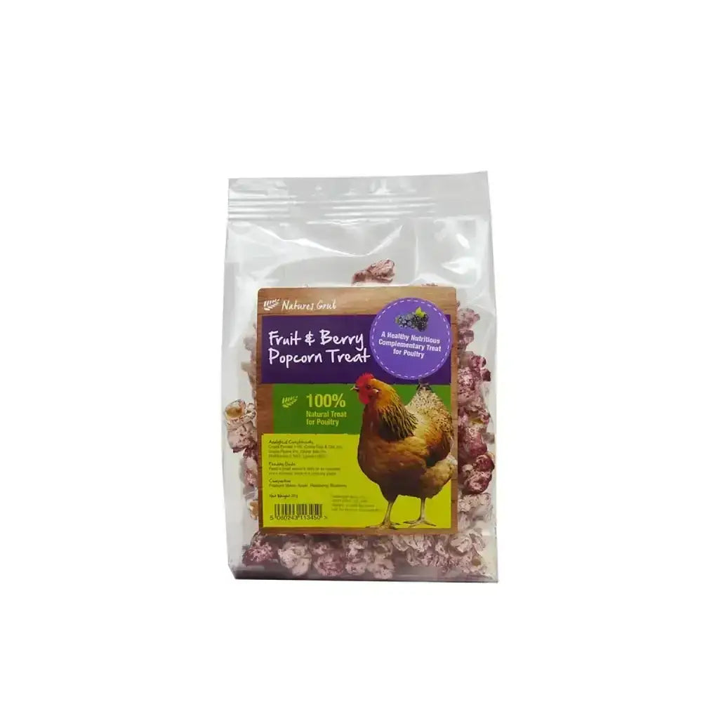 A clear plastic bag of natures grub fruit and berry popcorn treat in purple and white for a nutritious complementary treat