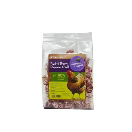 A clear plastic bag of natures grub fruit and berry popcorn treat in purple and white for a nutritious complementary treat