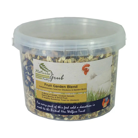 Clear plastic container of natures grub fruit garden blend with colorful seeds berries and dried fruit for chickens