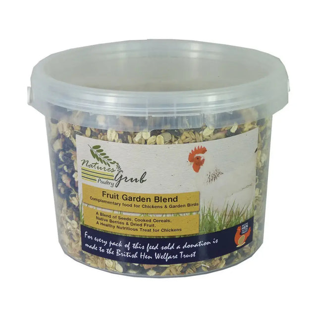 Clear plastic container of natures grub fruit garden blend with colorful seeds berries and dried fruit for chickens