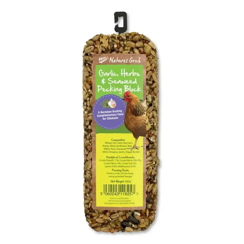 Natures grub garlic herbs and seaweed pecking block is a super tasty rectangular treat made of mixed grains and seeds