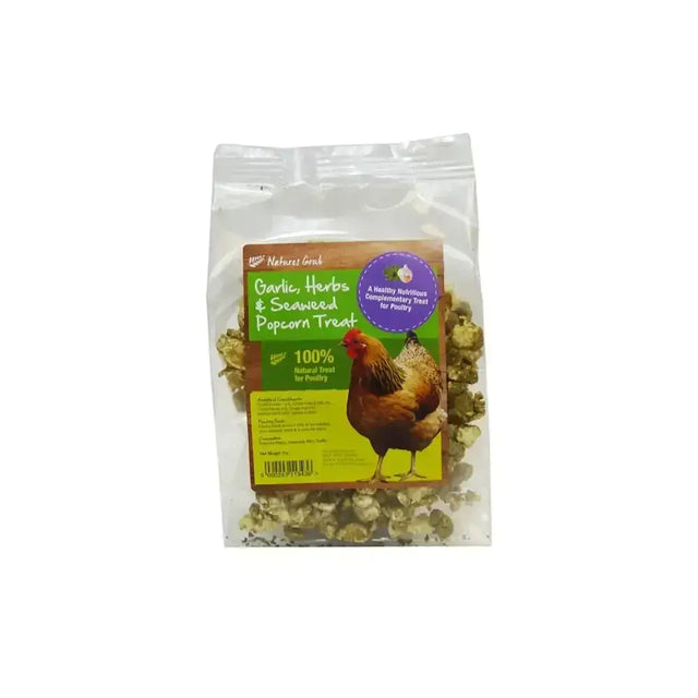 A clear plastic bag of natures grub garlic herbs and seaweed popcorn treat for poultry snacks