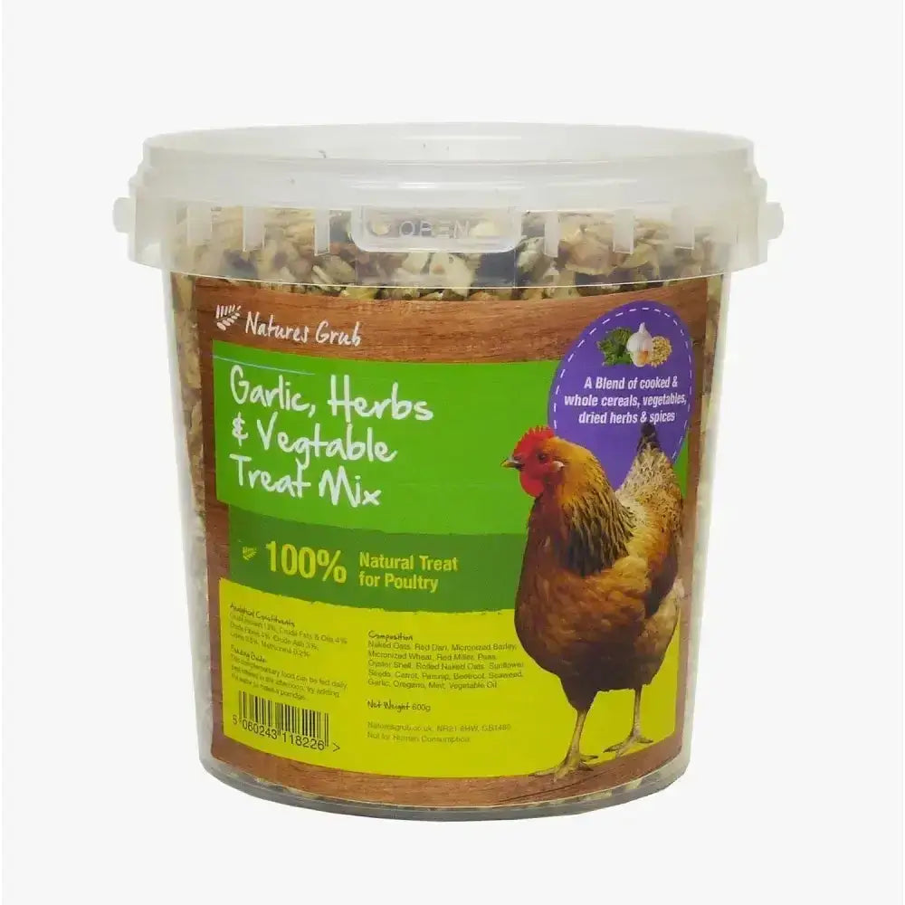 Natures grub garlic herbs vegetable treat mix in a clear tub with green yellow label and chicken illustration for healthy snack
