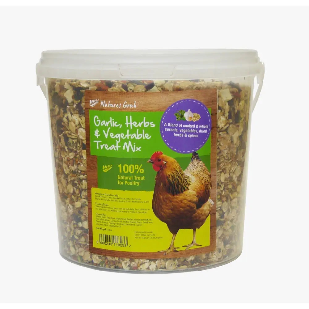 A clear plastic bucket of natures grub garlic herbs and vegetable treat mix with a white lid for healthy vegetable rich snacks
