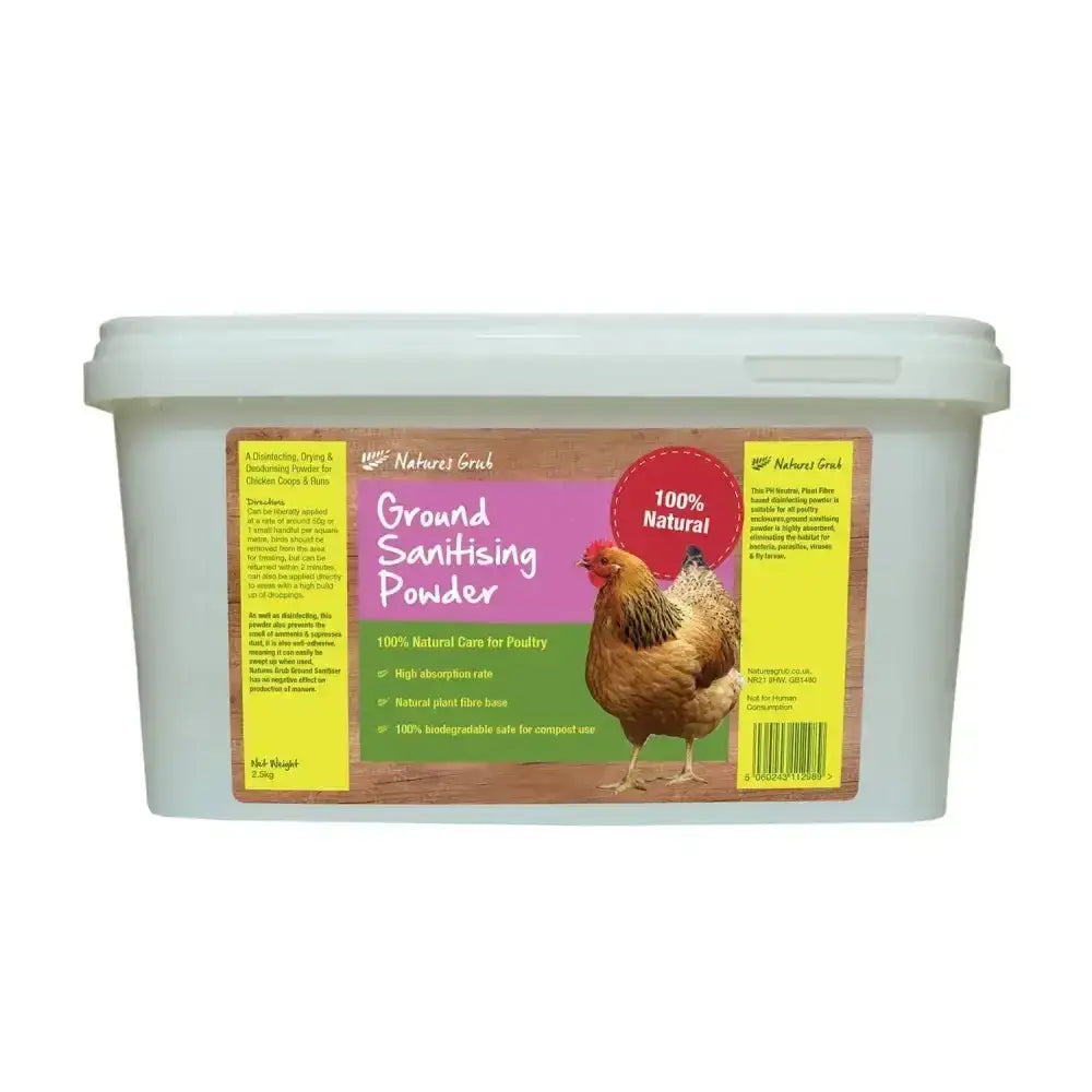 A white plastic container of natures grub ground sanitising powder with a colorful chicken label for poultry enclosures