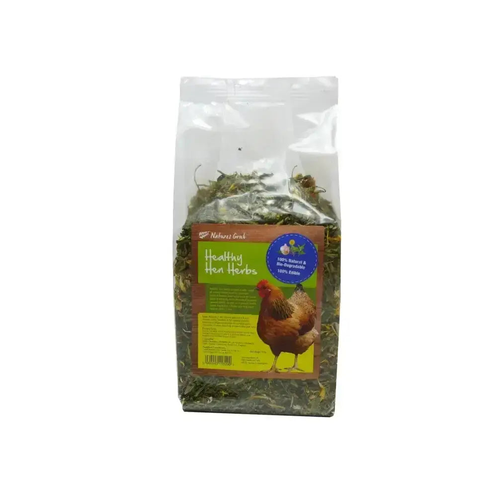 A clear plastic bag of dried green healthy hen herbs from natures grub healthy by nature’s good