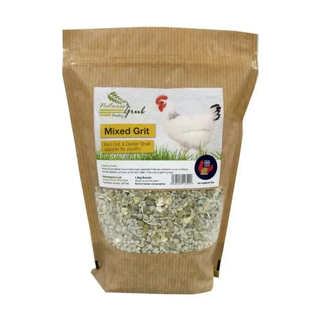 A 1.5kg bag of natures grub mixed grit in a brown resealable pouch with gray and white shell and hen flint grit mix