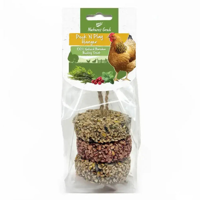Nature’s grub peck n play hanger with three earthy toned circular textured bird treats with seeds and grains stacked