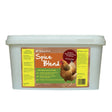 A white plastic container of natures grub poultry spice with probiotics featuring a brown chicken illustration for natural mineral supplement