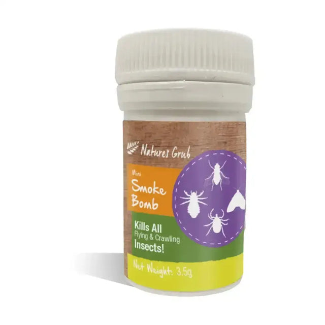 Nature’s grub red mite smoke bomb in a white plastic bottle with colorful insect label for red mite smoke treatment