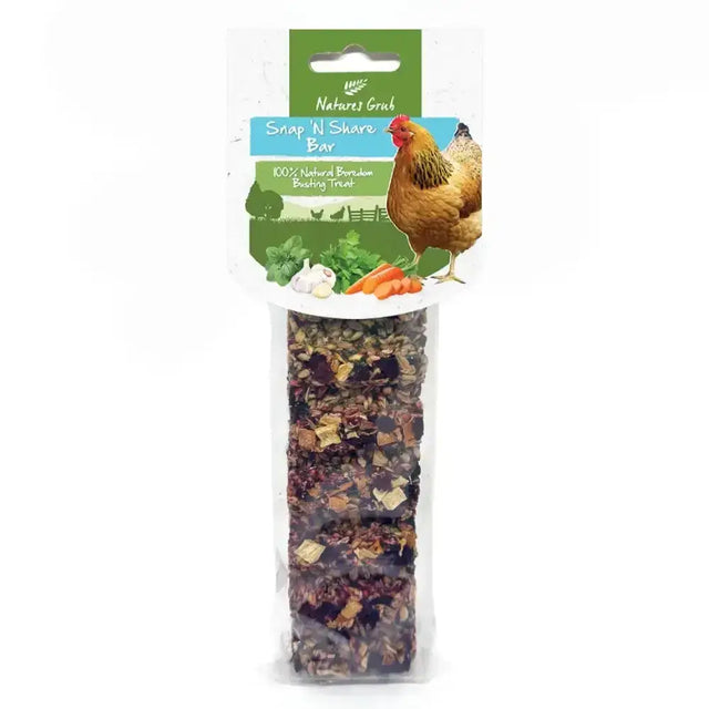 Nature’s grub snap n share bar is a 100% natural boron treat for chickens in clear plastic packaging with a green label