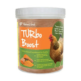 Nature’s grub turbo boost natural tonic enriched in a cylindrical container with orange green label and chicken image